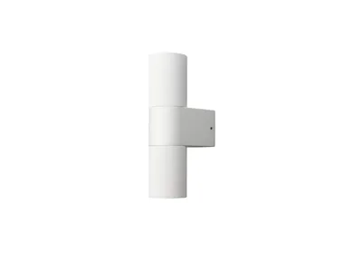 A white wall lamp with two cylindrical lights facing upwards and downwards, mounted on a white rectangular base.