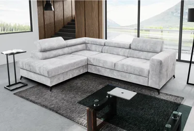 Produktbild von L-Form Polsterecke Sorento L Schlafecke mit Bettkasten modernes Corner Sofa mit Kopfstützen, Stoff: sally 07 - silber, Ottomane: links