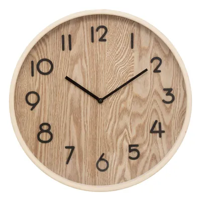 A round wall clock with a wood-grain face and black numbers and hands, set against a white background.