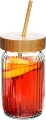 Produktbild von Trinkgefäß aus dickem Glas mit eleganten Streifen und Bambusstrohhalm