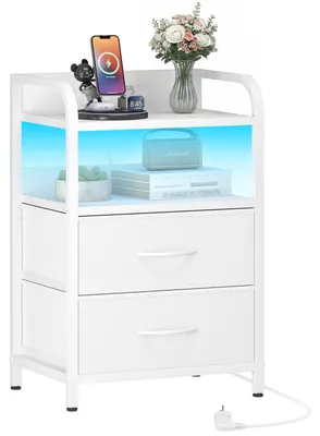 Nachttisch mit Ladestation und LED, Beistelltisch, Weiß