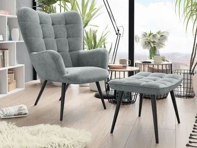 Produktbild von Stylové křeslo ušák s taburetem STOVIK - šedé