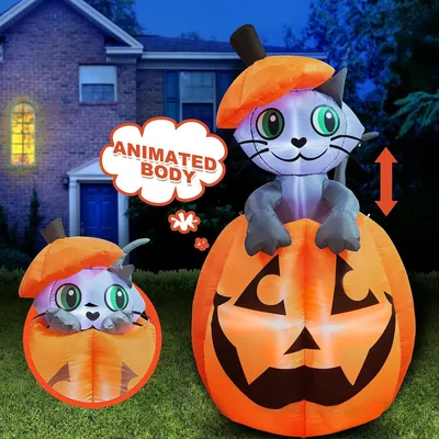 Aufblasbare Halloween-Katze auf Kürbis, 1,5 m, mit LEDs, orange