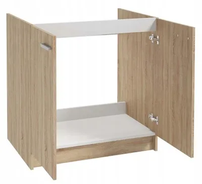 A white and wood-colored cabinet with its doors open.