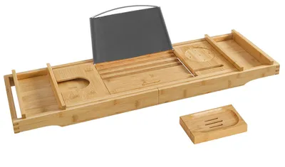 Produktbild von Badewannenablage - Ausziehbares Badewannentablett - Zum Zusammenbauen - Mit Becherhalter - Buchstütze - Seifenhalter - Orange