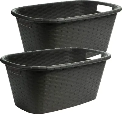 Produktbild von 2er Set Wäschekorb schwarz robust mit Griffen Rattangeflecht Design vielseitig