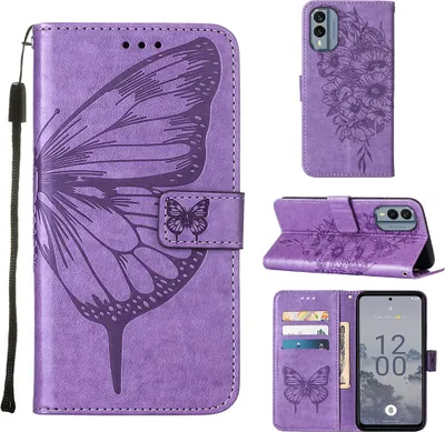 Produktbild von Lederhülle für Nokia X30 Schmetterling Prägung Flip Ledertasche Kartenfächer Handyhülle mit Ständer Violett