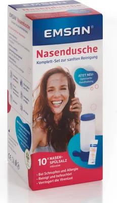 Produktbild von Emsan Nasendusche + Nasenspülsalz, 10 Beutel: Komplett-Set zur sanften Reinigung der Nase, Nasendusche für Erwachsene und Kinder ab 6 Jahren inkl. Nasensalz
