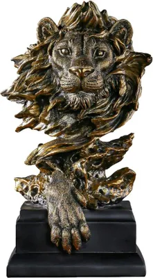 Produktbild von Unyqoos® Löwen-Skulptur – abstrakte Löwenfigur aus umweltfreundlichem Harz auf Bruchsteinbasis, 30,5 x 8 x 7 cm, Kupfer, Deko für Wohnzimmer