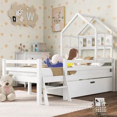 Produktbild von Flieks Hochbett Hausbett mit Rausfallschutz und Leiter, Kinderbett Einzelbett 90x200cm mit Lattenrost und Schublade, Weiß