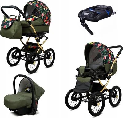Produktbild von BabyLux® Margaret Gold | 4in1 Kinderwagen Set | Roses With Tulips On Black | Kombikinderwagen |