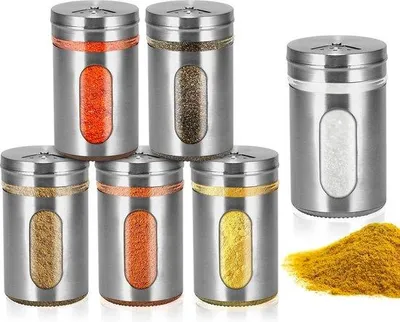 Productafbeelding van Famanu kruidenpotten, set van 6 stuks, 80 ml - roestvrij staal, met verschillende doseeropeningen