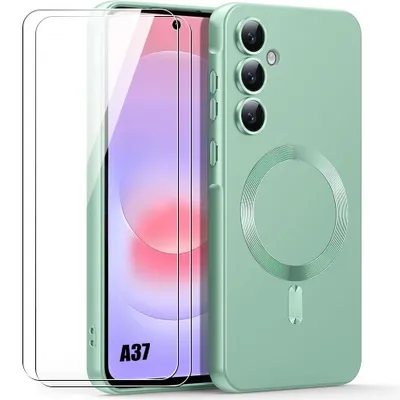 Image de Coque + 2 Verres Trempés pour Samsung Galaxy A37 5G, Silicone Anti-Rayures avec Magnétique - Vert