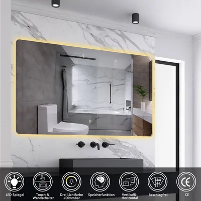 Produktbild von AICA LED Badspiegel 100x80cm Wand/Touchschalter Anti-Beschlag 3 Lichfarbe+Dimmbar Badezimmerspiegel mit Beleuchtung Lichtspiegel IP44