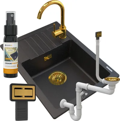 Obrázek produktu pro Granitan | Žulový dřez – černý – 62 x 44 x 17,5 cm – ARGOS + zlatý sifon + kuchyňská baterie BETA + impregnační prostředek