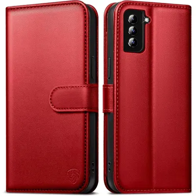 Immagine prodotto di Custodia per cellulare in pelle, tipo portafoglio, pieghevole, per Samsung Galaxy S21 5G, colore rosso, con scomparti per carte e funzione stand
