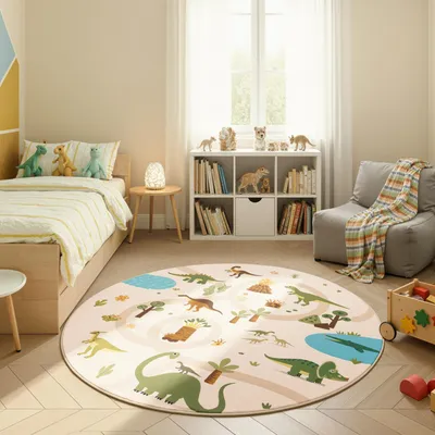 Obrázok produktu pre Carpetsale24 Detský koberec Dinosaurus Hrací koberec okrúhly 160 cm do detskej izby v béžovej farbe s motívom dinosaurov, ideálny ako podložka na hranie