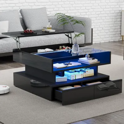 Image de MODFU Table Basse Relevable Moderne avec LED et Rangements Cachés, PB et Verre Trempé, 80 × 80 × 45 cm, Noir