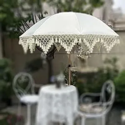 Produktbild von Sonnenschirm Boho mit Fransen 200cm UV-Schutz Weiß Balkonschirm Wasserdicht Marktschirm Tasche