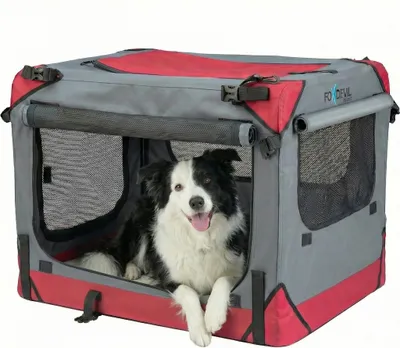 Produktbild von Foxdevil by xonic® Faltbare Hundebox / Katzenbox für mittelgroße Tiere – Hundetransportbox Auto und Zuhause – Transportbox Hund – Hundebox Auto Kofferraum (Grau/Rot, M)