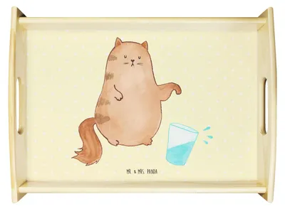 Produktbild von Mr. & Mrs. Panda serviertablett holz Katze Wasserglas - Gelb Pastell - Geschenk, sofatablett, kaffeetablett, Katzen, Cat, Tablett, Haustier, Cats, betttablett, aus, Sofa