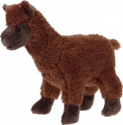 A brown plush alpaca toy is shown standing against a white background.