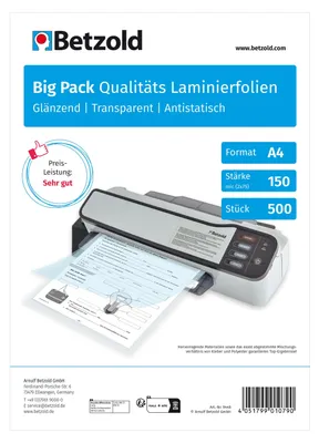 Produktbild von Betzold Laminierfolien DIN A4, 150 mic, 500 Stück, glänzend oder matt, Oberfläche: glänzend