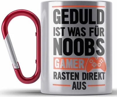 Produktbild von Trendation - Gamer Spruch Edelstahl Tasse Karabiner Controller Geschenk - Geduld Ist Was Für Noobs - Zocker Edelstahl Tasse Karabinern Geschenk Jungs Jungen Gaming (Rot)