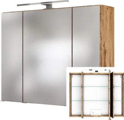 Produktbild von Badmöbel Waschtisch Set in Graphitgrau mit Wotaneiche Nb. LAURIA-03 mit Spiegelschrank 80 cm inkl. Beleuchtung, BxHxT: ca. 80x200x49 cm