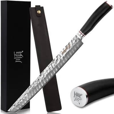 Sujihiki-Slicermesser 33 cm, Damaststahl, Holzgriff, Lederscheide