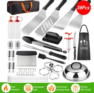 A collection of BBQ grill tools and accessories laid out on a white background, with marketing text and icons at the bottom.