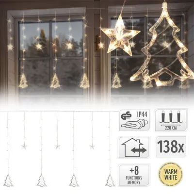 Produktbild von ECD Germany LED Lichtervorhang 2,2m mit 138 LEDs Warmweiß Weihnachtsbäume und Sterne 8 Funktionen Weihnachtsdeko Fensterdeko Innen/Außen Lichterkette