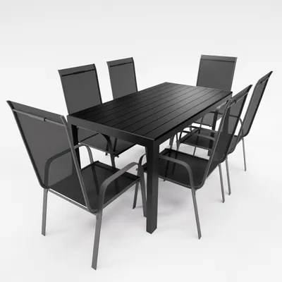 A black dining set with a table and six chairs, presented on a white background.