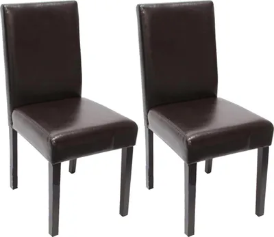 Two brown dining chairs with dark legs against a white background.