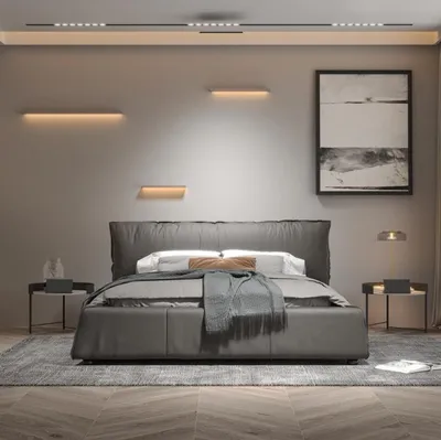 Produktbild von Graues Schlafzimmer Bett Designer Doppelbett Holzgestell Neues Lederbett