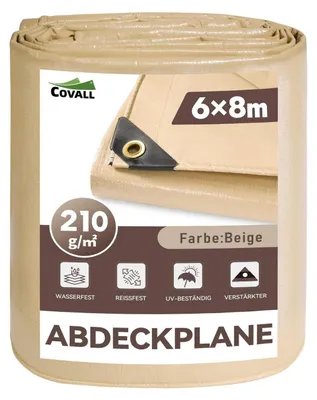 Image de Bâche épaisse, dimensions 6x8 mètres, grammage 210 g/m², imperméable, résistante à la déchirure, résistante aux UV, de couleur beige, avec œillets