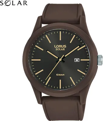 A close-up studio shot of a Lorus Solar men's watch with a brown strap and black dial.
