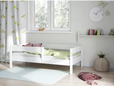 Produktbild von Kinderbett 180x90 Kinderbett mit Rausfallschutz & Lattenrost weiß 80 x 180 für Mädchen und Jungen Massivholz Kiefer und MDF Möbelplatte,