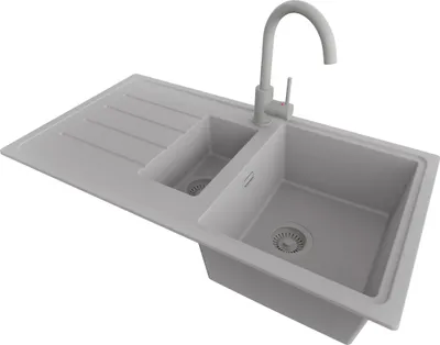 Produktbild von PRIMAGRAN Granitspüle Grau 90x50cm, Spülbecken 1,5 Becken + Küchenarmatur 32x20cm + Ablauf-Set, Küchenspüle ab 60er Unterschrank - Kopenhagen Duo