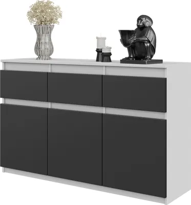 A white and gray sideboard with decorative items on top.