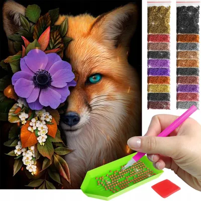 Produktbild von ARTULIO Diamond Painting Set - Roter Fuchs mit violetter Blüte im Motiv - 30 x 40 cm - 5D Crystal Art, Bilder DIY