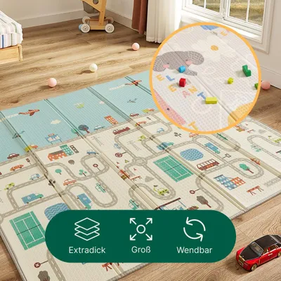 Produktbild von CASABEL Krabbelmatte Baby 180×150 cm, Faltbare, wasserdichte und Dicke Spielmatte mit Automotiven, weicher Spielteppich für Babys und Kinder, große Krabbeldecke zum bequemen Aufbewahren
