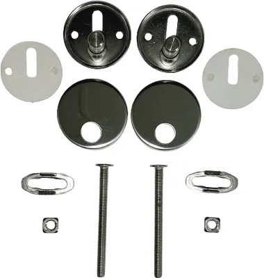 A set of toilet seat hinges and mounting hardware, laid out on a white background.