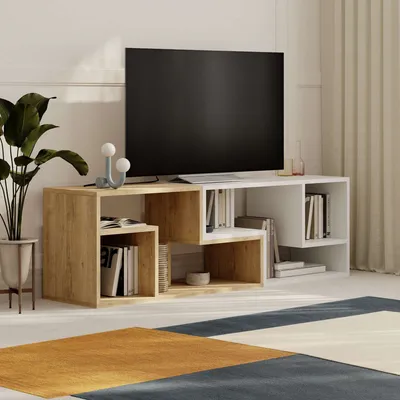 Obrázok produktu pre Skye Decor, moderný TV stolík v odtieni safírového dubu a bielej, 145 x 44,8 x 35 cm | 100 % melamínom potiahnutá drevotriesková doska, hrúbka 18 mm | Elegantný dizajn, nosnosť 20 kg.