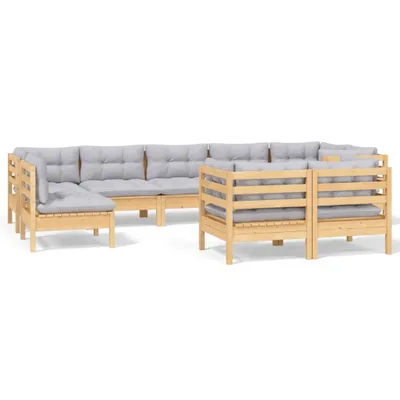 Immagine prodotto di set 9 pezzi da giardino con cuscini grigi in legno di pino massiccio