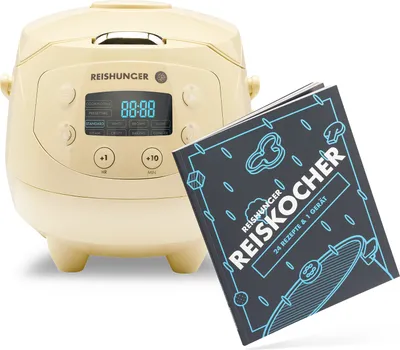 Produktbild von Reishunger Reiskocher, hellgelb, 0,6L für 3 Personen, Digital mit Warmhaltefunktion & Timer, inkl. Kochbuch, Premium Keramik-Topf, limitierte Edition, für Reis, Gebäck & Gemüse, J-Typ Stecker Schweiz, 350-417W, 220-240V, 3,02kg