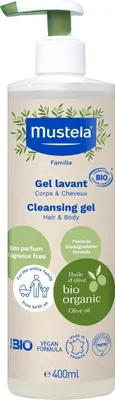 Produktbild von Mustela Baby Reinigungsgel, 400ml, für Körper & Haar, Bio, Vegan, Flasche aus Zuckerrohr, biologisch abbaubar