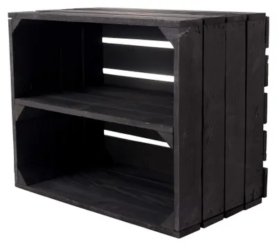 Image de Coffre en bois noir avec étagère centrale, idéal pour ranger des chaussures ou des livres