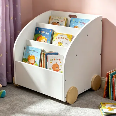 Produktbild von Relaxdays Bücherregal Kinder, 3 Fächer, HBT: 43,5x46x40 cm, mit Rollen, abgerundete Ecken, Spielzeugregal, MDF, weiß