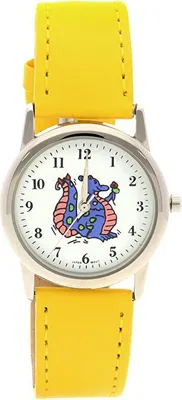 Produktbild von Gelbe Kinderuhr aus Metall und Leder mit Dinosaurier-Motiv, leicht ablesbar